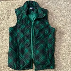 Green and navy plaid puffer vest